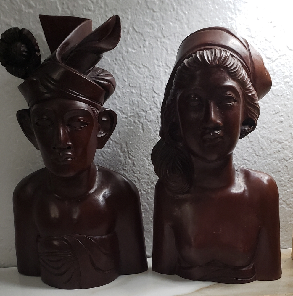 Vintage MCM Art Deco Balinese hand wood carving man and woman bust/statue Tribal